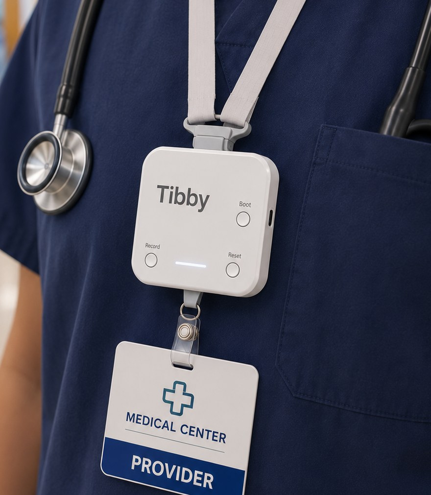 A clinician in scrubs wearing the white Tibby device on a lanyard above their hospital badge, in a hospital corridor